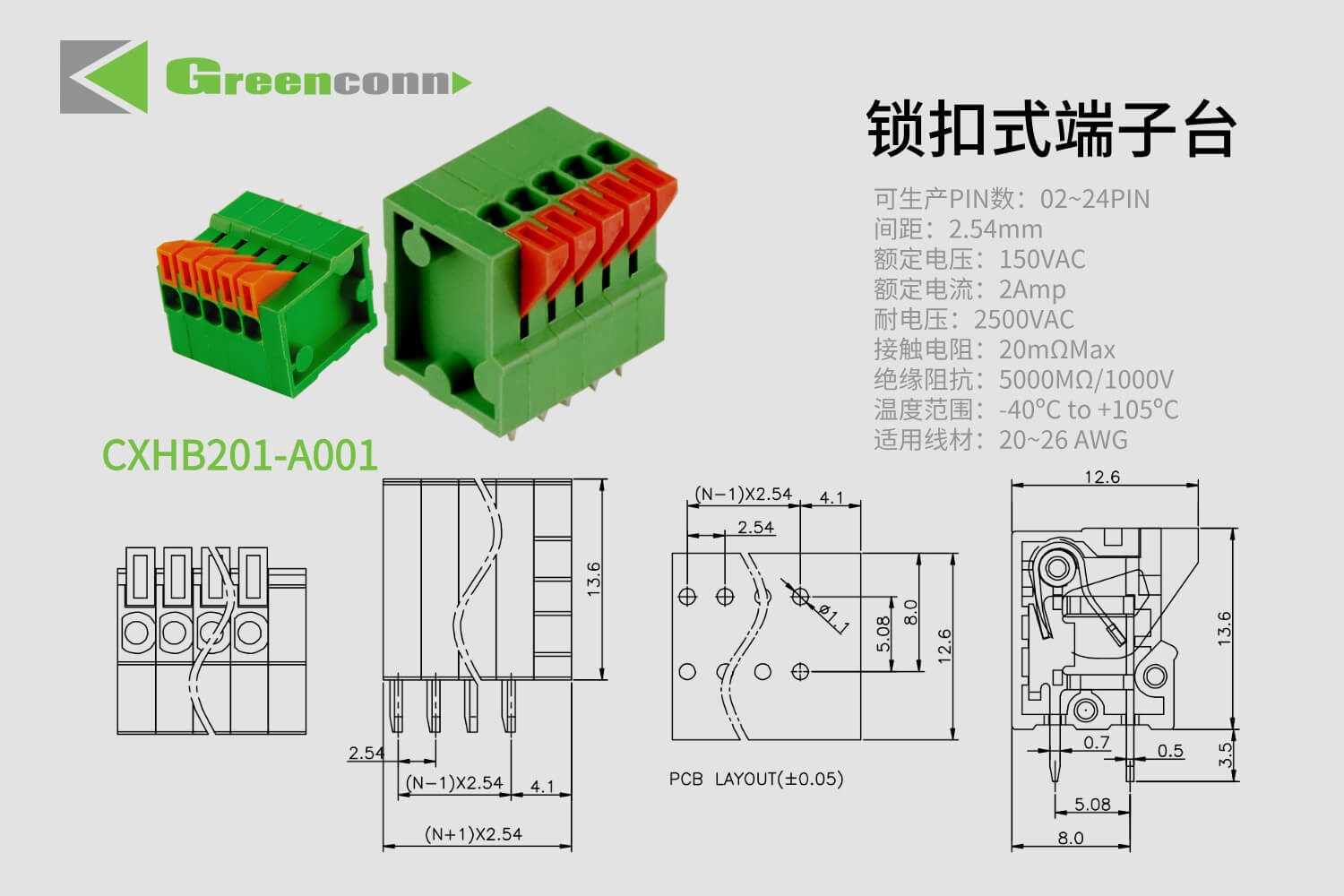 Greenconn 锁扣式接线端子CXHB201系列