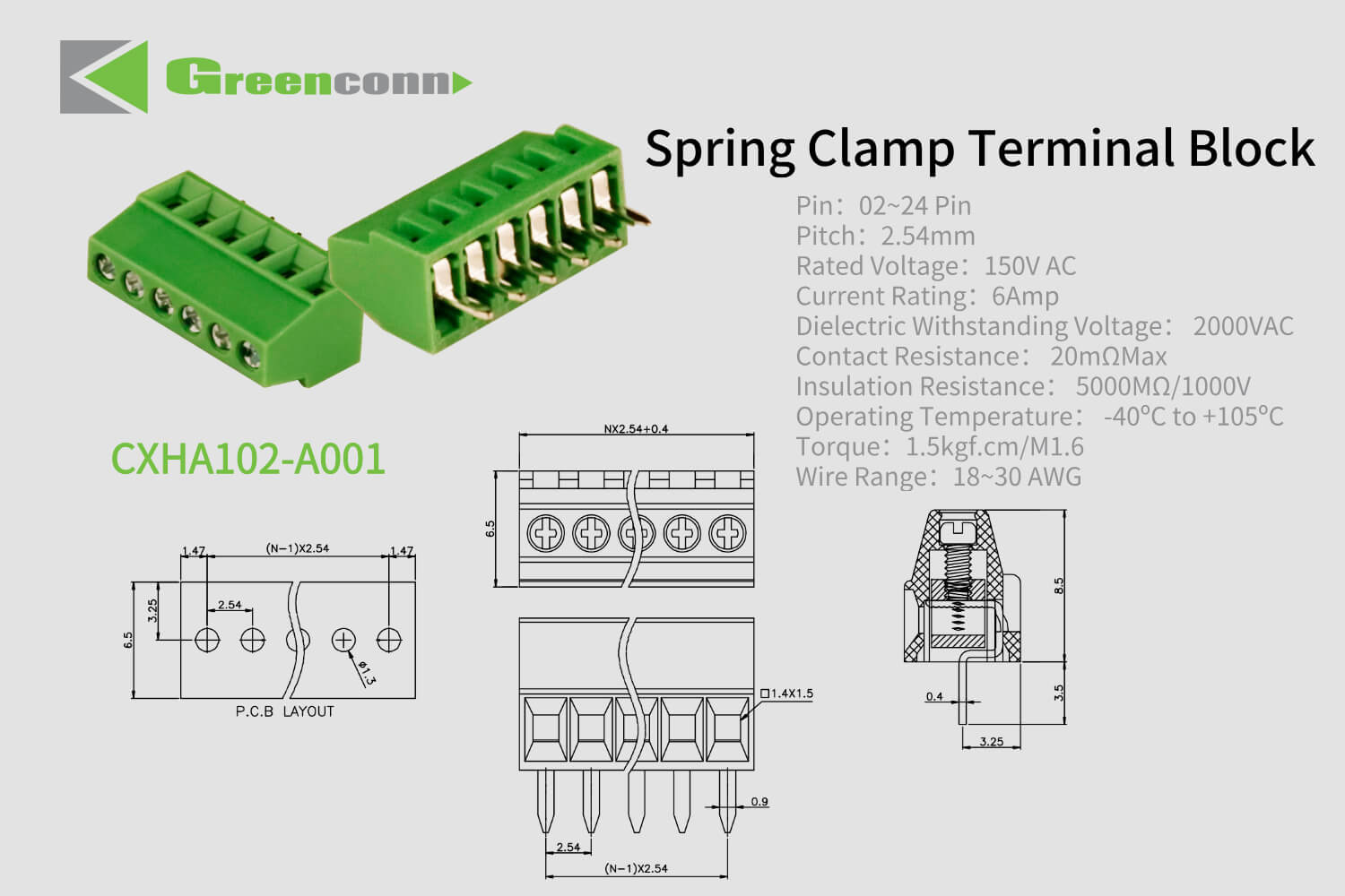 Greenconn Spring Clamp Terminal Block CXHA102 Series